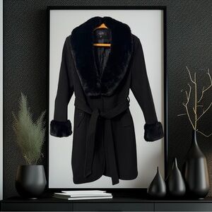 BOGO! Elegant Black Trench with Faux Fur Trim